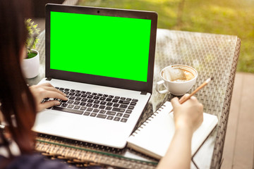 Close-up of business female working with laptop make a note of notebook in at the park on office outdoor.