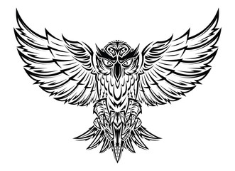 Vector hand drawn flying owl tattoo.