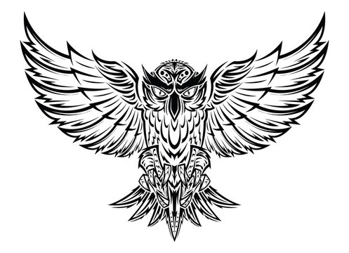Vector hand drawn flying owl tattoo.