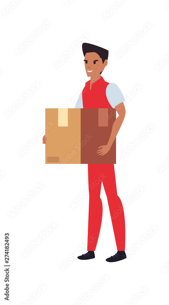 Poster man with package fast delivery logistic icon vector ilustrate