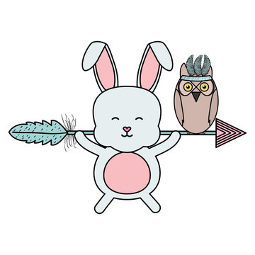 owl bird and rabbit with feathers hat and arrow bohemian style
