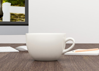 Cup of coffee on wooden table, White cup, 3D, Cup mockup