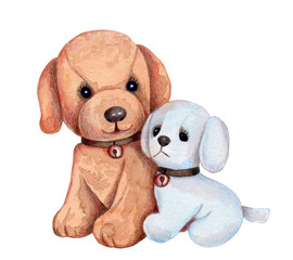 Watercolor illustration of two sitting cute puppys dogs. Hand drawn, isolated.