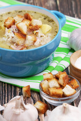 A bowl with traditional Czech garlic soup cesnecka