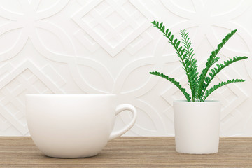 Coffee cup with plant on table, White Coffee mug mockup, 3D, Blank coffee cup