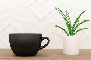 Coffee cup with plant on table, Black Coffee mug mockup, 3D, Blank coffee cup