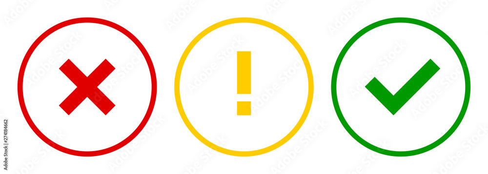Poster set of round x mark, exclamation point, check mark icons, buttons on white background.
