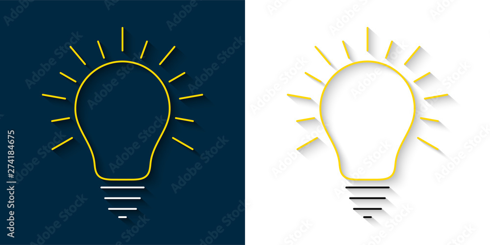 Poster Set of bright yellow light bulb thin line icons with rays and shadow. Idea and creativity symbols.