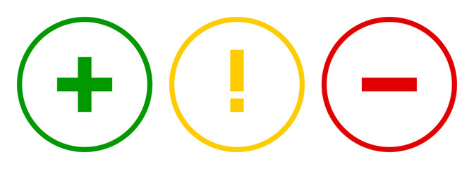 Fototapeta premium Set of round plus sign, exclamation point, minus sign icons, buttons on white background.