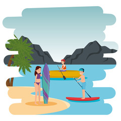 Obraz na płótnie Canvas couple practicing surf sport and kayak on the beach