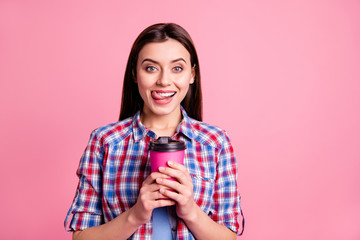 Portrait of cute attractive youngster people person have beverage mug delighted laughter summer holiday dream dreamy dressed plaid fashionable shirt isolated pink background