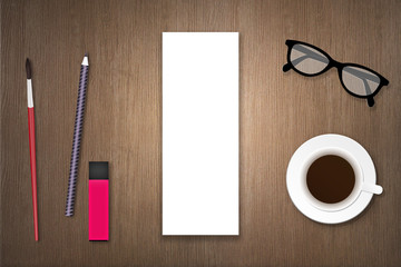 Blank Notepad and cup of coffee color on wooden table, 3D, Mock-up