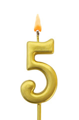 Burning golden birthday candle isolated on white background, number 5
