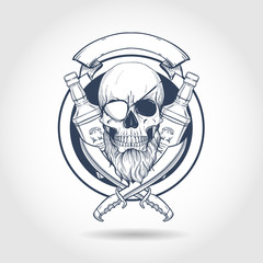 Hand drawn sketch, pirate skull with sword, beard, eye patch and a bottle of rum. Poster, flyer design