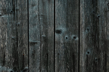 Fototapeta premium Dark gray green wooden fence. Shabby table, dirty oak, alder tree, pine lumber. Old grey wooden boards. Pattern of wooden surface of green logs. Backgrounds of cracked planks, batten, bar. Strips on b