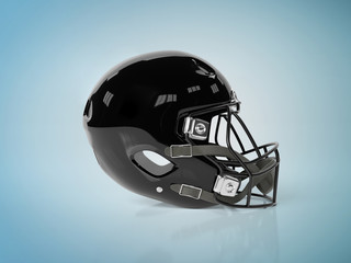 Black American football helmet isolated on blue mockup 3D rendering