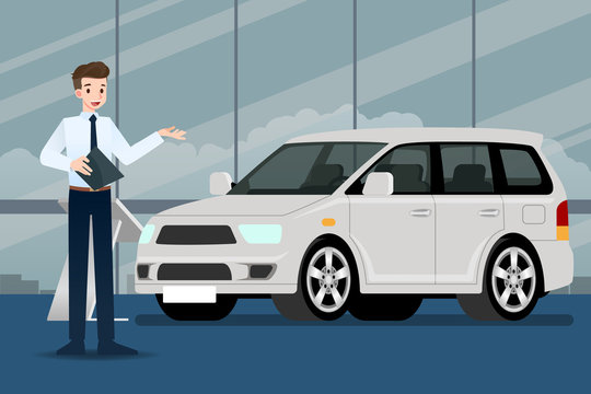 A happy businessman, salesman is standing and present  his luxury car that parked in the show room.Vector illustration design.