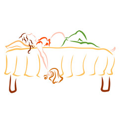 tired pregnant woman lying on a bed with a rag for cleaning in her hand