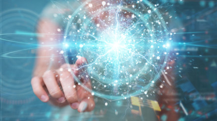 Woman creating renewable and sustainable eco energy with electrical sphere 3D rendering