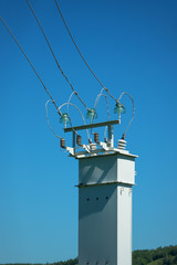 High voltage power transformer substation. Power Transmission Line.