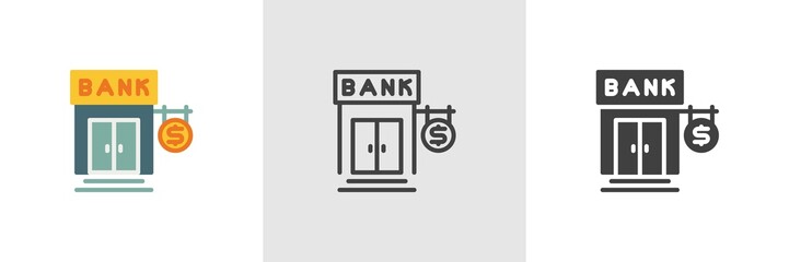 Dollar money bank icon. Line, glyph and filled outline colorful version, Bank doors and dollar sign outline and filled vector sign. Symbol logo illustration. Different style icons set. Vector graphics
