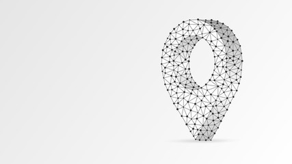 GPS Pin symbol composed of polygon. Business travelling, navigation system, location marker concept. Abstract, digital, wireframe low poly mesh Vector white origami 3d illustration. Triangle, line dot