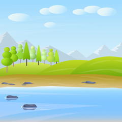 Vector cute cartoon flat landscape with mountain, forest,lake and clouds illustration.