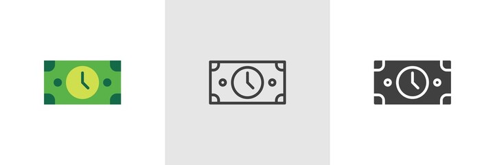 Time is money icon. Line, glyph and filled outline colorful version, Paper money bill with clock outline and filled vector sign. Symbol, logo illustration. Different style icons set. Vector graphics