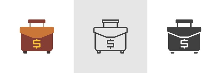Business case with dollar icon. Line, glyph and filled outline colorful version, Money case outline and filled vector sign. Symbol, logo illustration. Different style icons set. Vector graphics