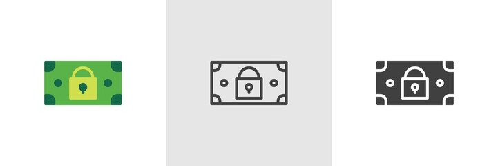 Dollar money bill with padlock icon. Line, glyph and filled outline colorful version, Finance security outline and filled vector sign. Symbol, logo illustration. Different style icons set.