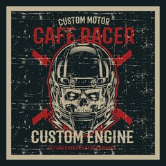 vintage grunge style skull wearing helmet and text cafe racer hand drawing vector