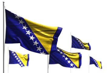 pretty any occasion flag 3d illustration. - five flags of Bosnia and Herzegovina are wave isolated on white - illustration with selective focus