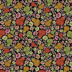 Watercolor illustration is isolated on white background. Seamless autumn pattern with apple, pear and leaves