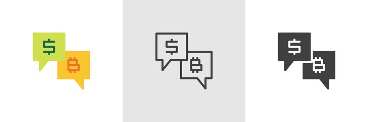Financial Forum message icon. Line, glyph and filled outline colorful version, Dollar and bitcoin speech bubble outline and filled vector sign. Symbol, logo illustration. Different style icons set.