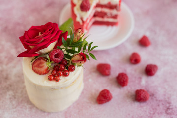 Beautiful pink cream and berries cake on a light concrete background. Birthday celebration