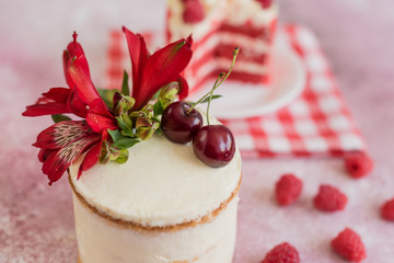 Beautiful pink cream and berries cake on a light concrete background. Birthday celebration