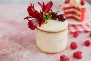 Beautiful pink cream and berries cake on a light concrete background. Birthday celebration
