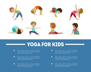 Fototapeta na wymiar Yoga for Kids Banner Template with Place for Text, Children Practicing Asana Poses, Flyer, Poster, Invitation Card Vector Illustration