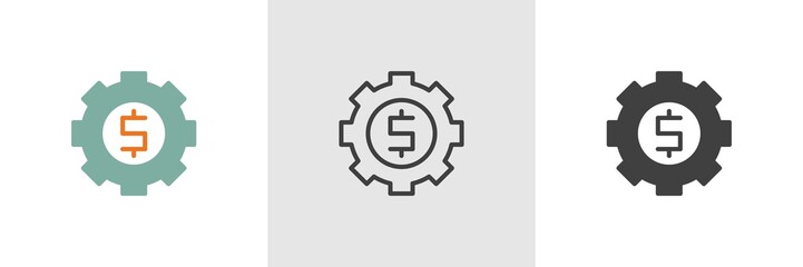 Money options icon. Line, glyph and filled outline colorful version, Gear with dollar outline and filled vector sign. Symbol, logo illustration. Different style icons set. Vector graphics