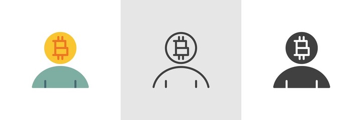 Obraz premium Bitcoin cryptocurrency person icon. Line, glyph and filled outline colorful version, Bitcoin user outline and filled vector sign. Symbol, logo illustration. Different style icons set. Vector graphics