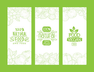 Natural Organic Food, Gmo Free, Vegan Food 100 Percent Banners Templates Set, Green Hand Drawn Vector Illustration