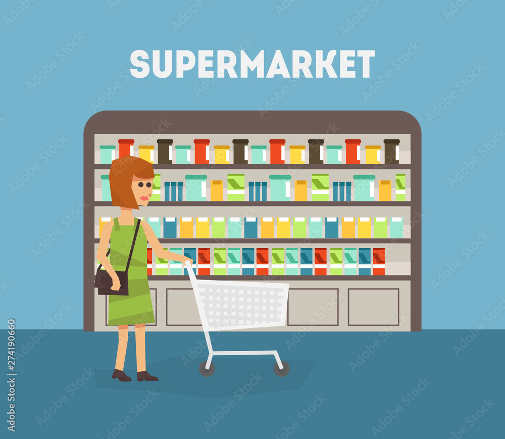 Canvas Prints Supermarket Banner Template, Woman Shopping at Supermarket and Buying Grocery Products Vector Illustration