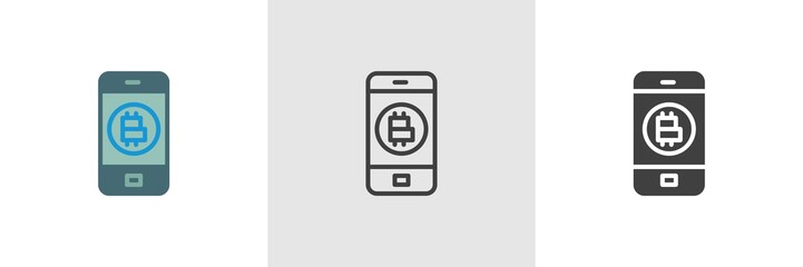 Bitcoin digital money and phone icon. Line, glyph and filled outline colorful version, Cryptocurrency mobile payment outline and filled vector sign. Symbol logo illustration. Different style icons set
