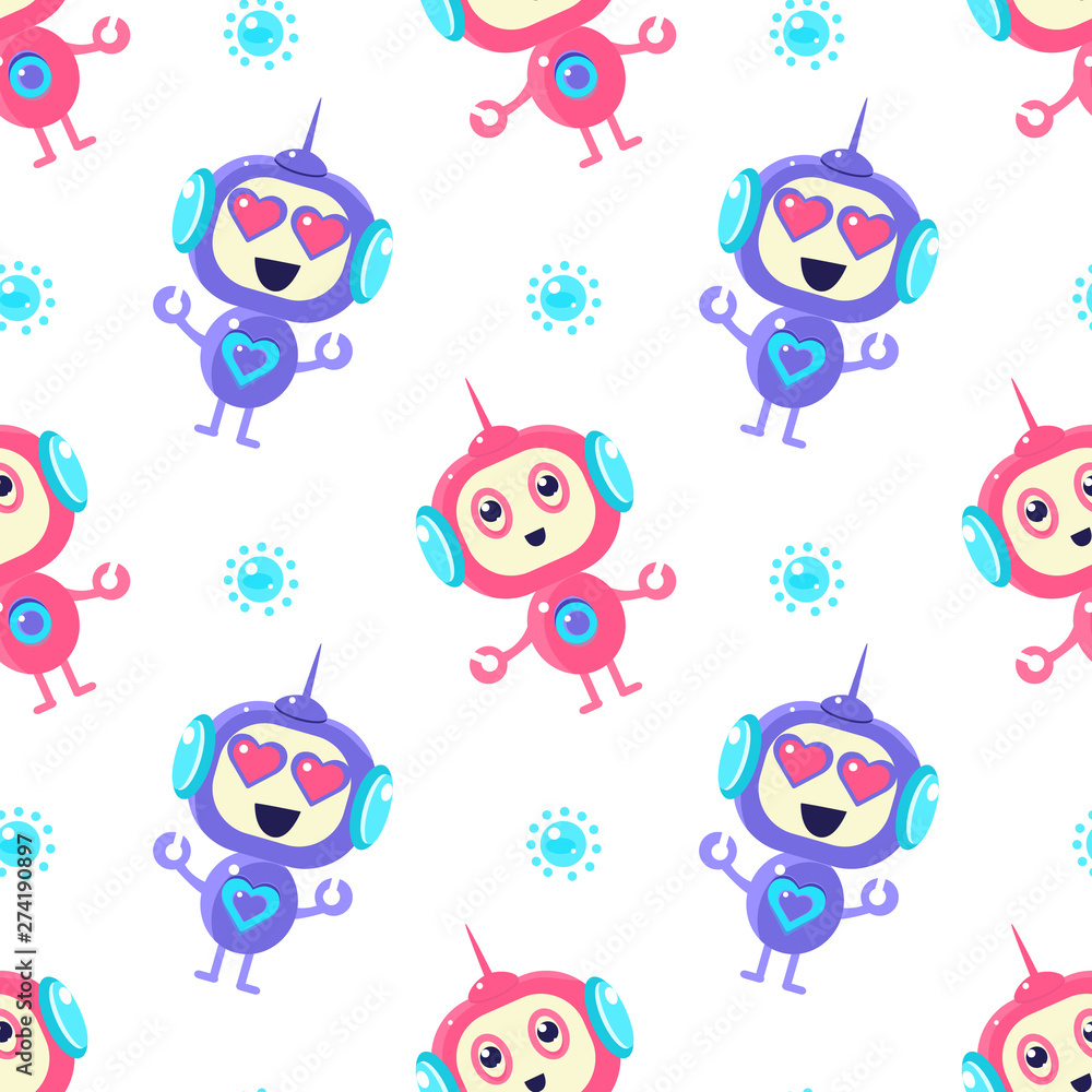 Poster cute robots seamless pattern, friendly alien or robot design element can be used for fabric, wallpap