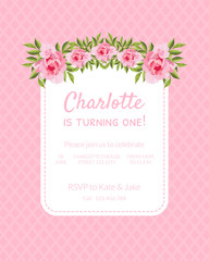 Pink Baby Girl Birthday Invitation Card is Turning One with Flowers and Text, Vector Vector Illustration
