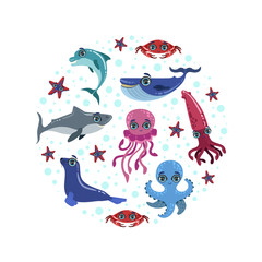 Sea Animals Banner Template, Cute Sea Creatures in Circular Shape Vector Illustration