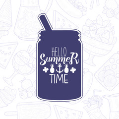 Hello Summer Lettering with Lemonade Drink in Mason Jar, Inspirational Poster, Banner, Card, Invitation, Logo, Label Vector Illustration