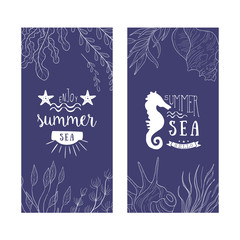 Enjoy Summer Sea Banner Templates Set, Summer Time Inspirational Poster, Banner, Card, Invitation, Logo, Label, Print Hand Drawn Vector Illustration