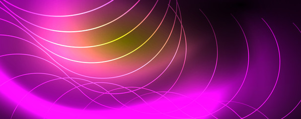 Bright neon circles and wave lines, glowing shiny background design template, digital techno concept.