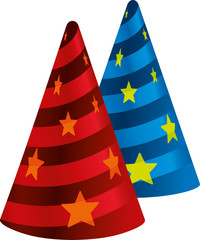 Two magic hats in red and blue with bands and stars.